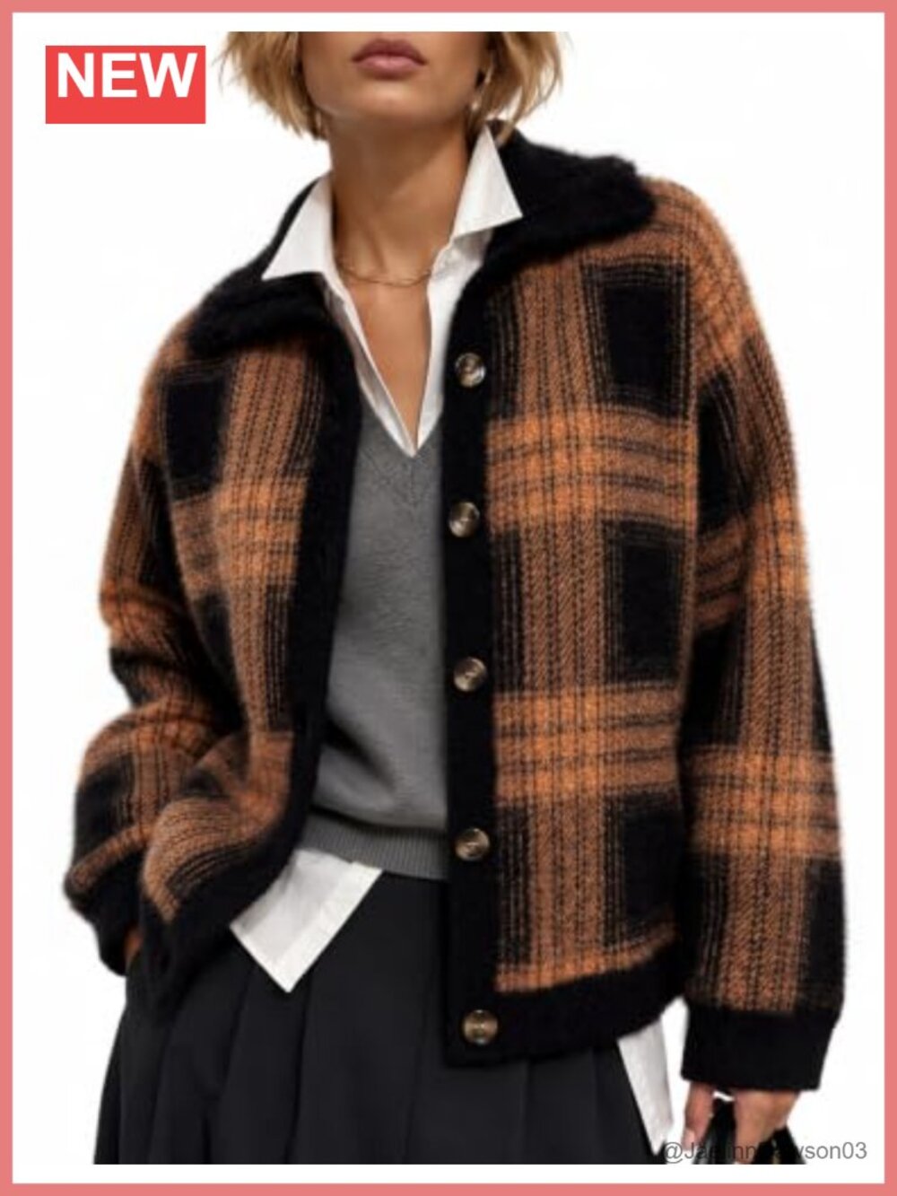 Womens Plaid Chunky Knit Sweater Jacket Cardigan